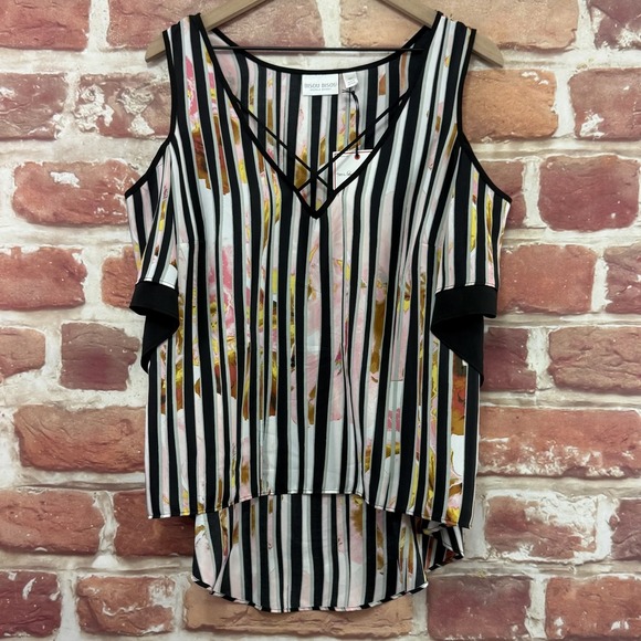 Bisou Bisou Tops - Bisou Bisou Tunic Top Women's M Multicolor Striped Floral Cold Shoulder Shirt